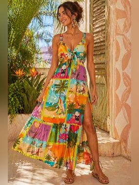 Valentina Brand Rio Patchwork Tropical Midi Dress Tie Front Farm Rio Vibe